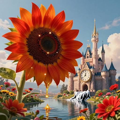 Photorealistic digital artwork of a vibrant sunflower in foreground, with a picturesque castle, clock tower, waterfall, and colorful flowers in background.