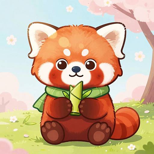 Chibi Red Panda with Cherry Blossoms