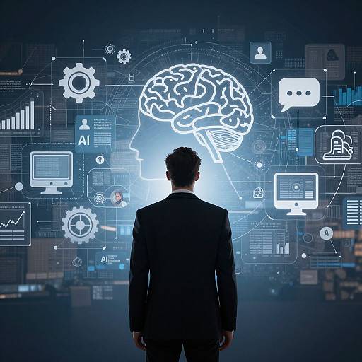 Silhouetted man in suit facing illuminated brain and tech icons on dark blue background, symbolizing innovation and intelligence. Digital illustration.