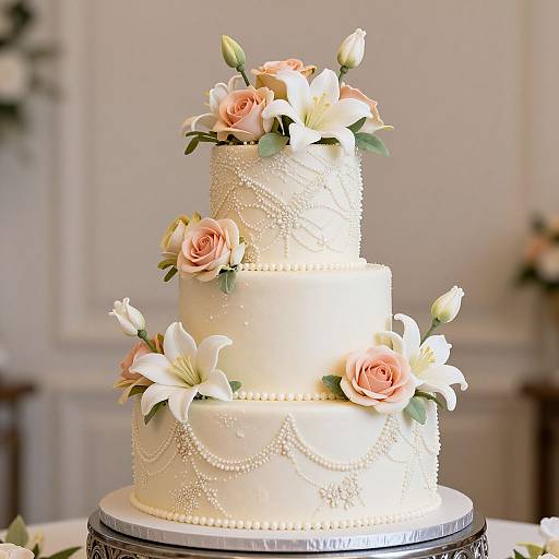 Photograph of a three-tiered wedding cake adorned with pink and white roses, lilies, and pearl bead icing patterns, set against a softly lit