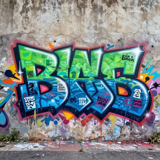 Vibrant graffiti on a weathered concrete wall, featuring bold green and blue letters with black outlines, colorful splatters, and tags.