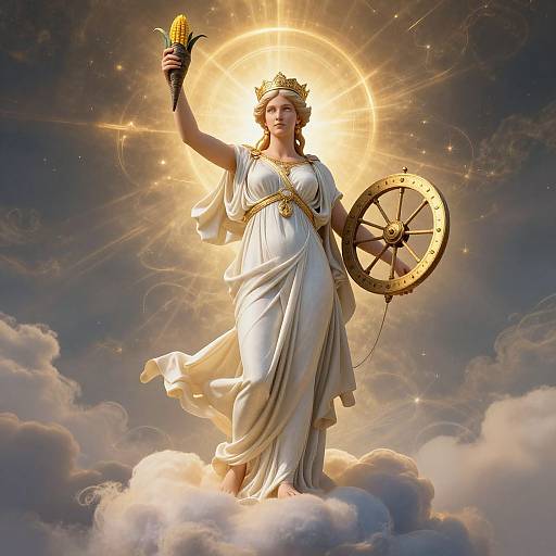Digital artwork of a radiant, crowned goddess in flowing white robes, holding an ear of corn and a shield, standing on clouds with a glowing halo and