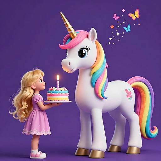 Digital illustration of a blonde girl in a pink dress offering a candlelit birthday cake to a colorful, unicorn with a multicolored mane and tail,
