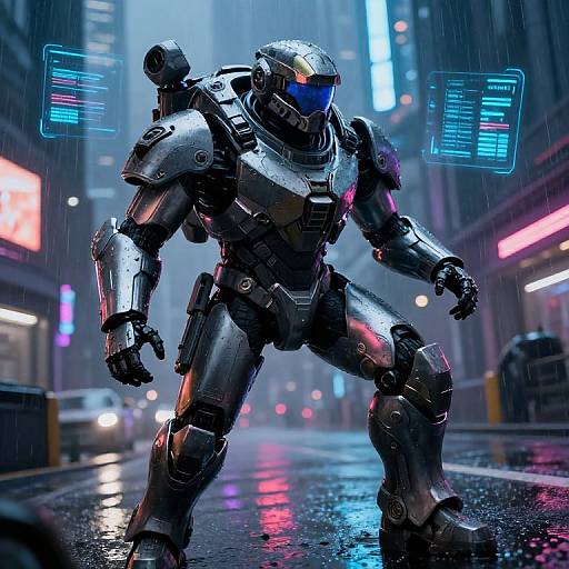 CGI sci-fi image of a black, armored, futuristic robot with glowing blue visor, standing in a neon-lit, rain-soaked city