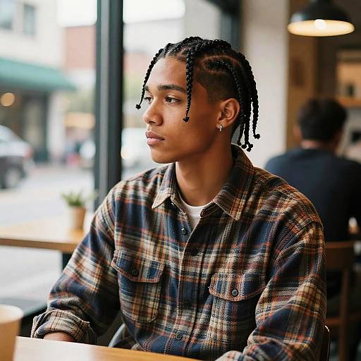 Photograph of a young Black man with braided hair, wearing a plaid shirt, sitting in a café, looking thoughtfully outside.