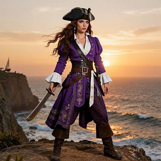 Vibrant Female Pirate Heroine at Sunset