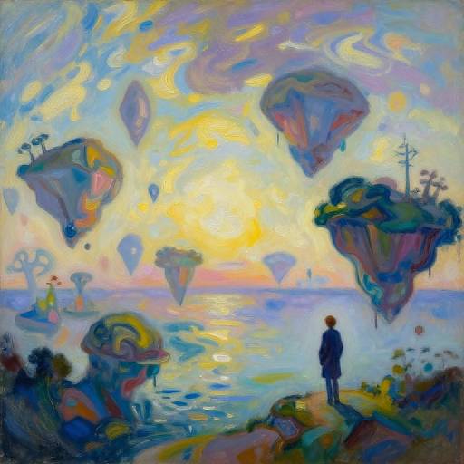Impressionist painting of a person standing on a rocky shore, gazing at floating, colorful islands with balloons in a vibrant, swirling sky.