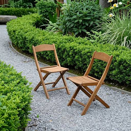 Photograph of two wooden folding chairs on a gravel path, flanked by lush green shrubs and assorted plants, in a serene garden setting.