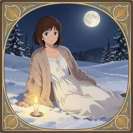 Digital anime-style illustration of a young woman with short brown hair, wearing a white dress and fur coat, sitting in snow at night beside a candle,