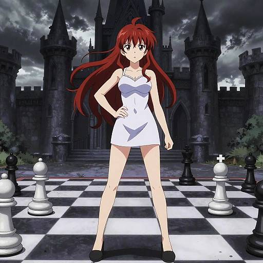 Confident Anime Girl at Gothic Chessboard