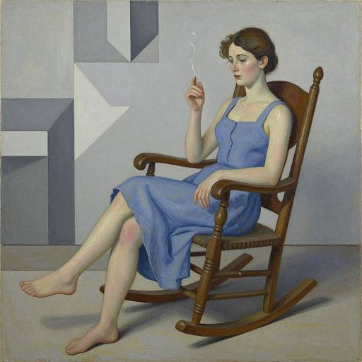 Realistic painting of a fair-skinned woman with short brown hair, wearing a blue dress, sitting barefoot on a wooden rocking chair, smoking a