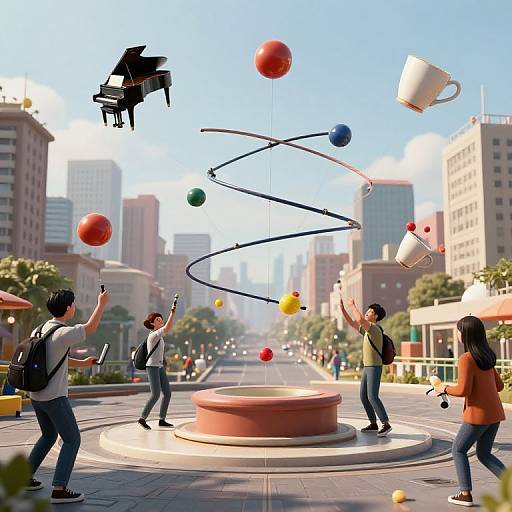 Digital art of four people juggling colorful balls, a black piano, and a white cup in a sunny urban plaza.