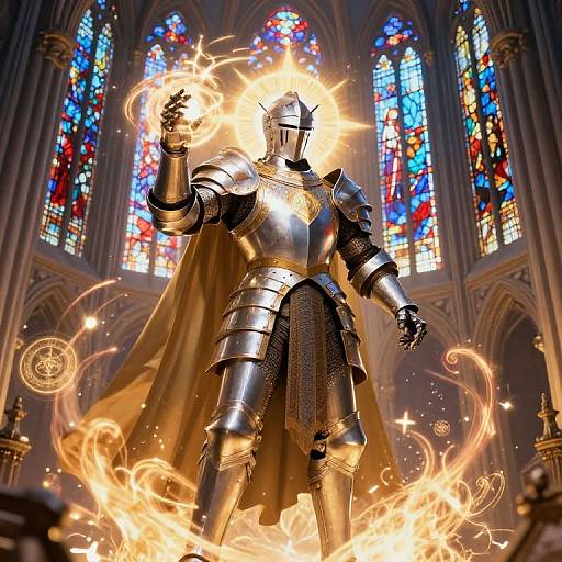 Photograph of a shining, armored knight with a glowing halo, standing in a grand cathedral with vibrant stained glass windows, surrounded by swirling flames.