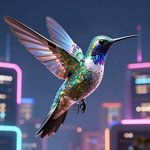 Cybernetic Hummingbird in Neon Cityscape