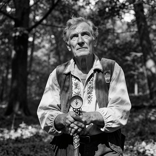 Black-and-white photograph of an elderly man with white hair, wearing a white shirt and vest, holding a compass in a forest. Serious expression, d