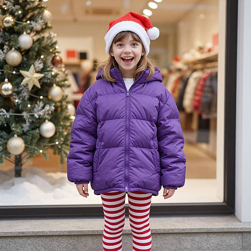Photograph of a smiling young girl in a purple puffer jacket and red-striped leggings, wearing a Santa hat, standing in front of a decorated store
