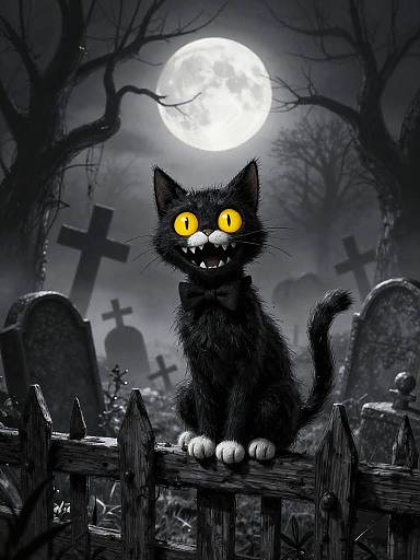 Digital illustration of a black cat with glowing yellow eyes and sharp teeth, sitting on a wooden fence in a spooky graveyard at night, with a full moon