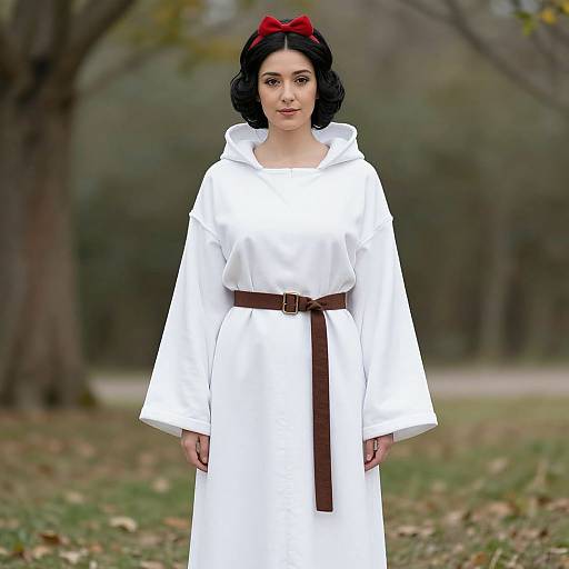 Photograph of a woman with fair skin, black wavy hair, red bow, wearing a white hooded robe with brown belt, standing in a