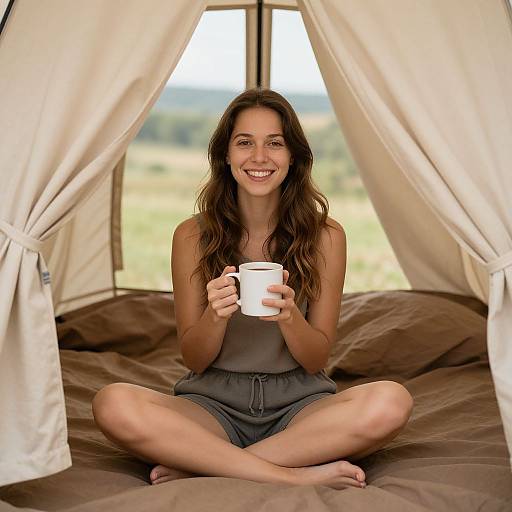Photograph of a smiling young woman with long brown hair, wearing a gray tank top and shorts, sitting cross-legged in a tent, holding a white