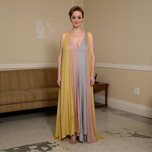 Photograph of a fair-skinned woman with short brown hair in a long, flowing, gradient yellow to pink dress, standing in a worn, beige