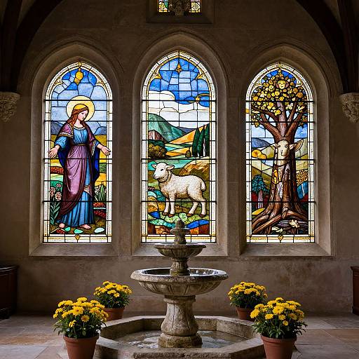 Photograph of a colorful stained glass window depicting a saint, a white sheep, and a tree, with a stone fountain and yellow flowers below.
