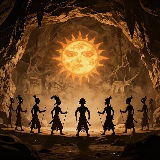 Digital artwork of silhouetted, feathered warriors standing in a dark cave, facing a glowing, fiery sun with ancient ruins in the background.