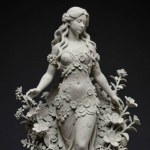 Photograph of a detailed, monochromatic stone sculpture of a serene, long-haired woman adorned in floral patterns, surrounded by blooming flowers, against