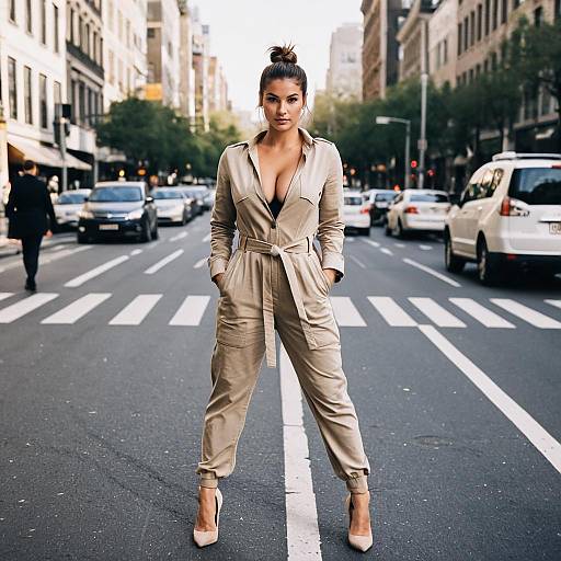 Woman in Beige Utility Jumpsuit on City Street