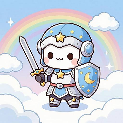 Chibi knight with star helmet, holding sword and shield, stands on clouds with rainbow, smiling, in colorful digital art.