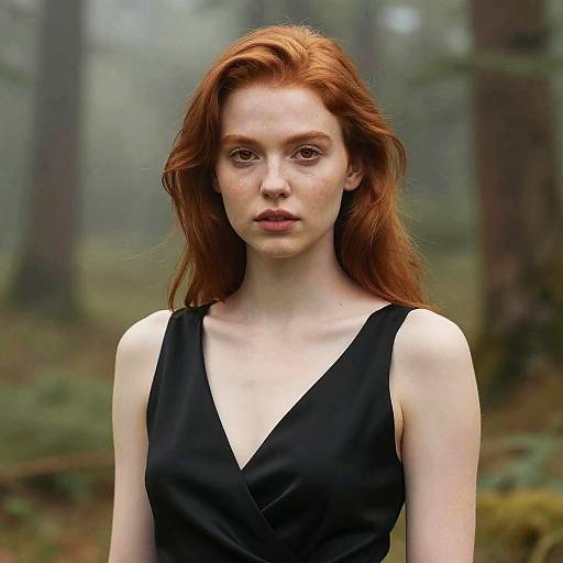 Photograph of a pale-skinned, red-haired woman with freckles, wearing a black sleeveless V-neck dress, standing in a misty