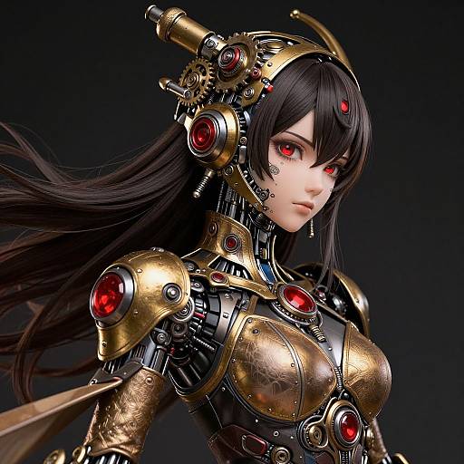 Digital art of a cyberpunk woman with long black hair, red eyes, and golden mechanical armor adorned with red gems, set against a dark background.