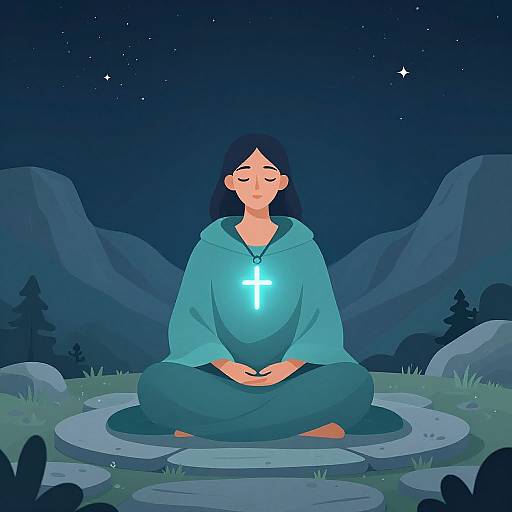 Digital illustration of a serene woman with closed eyes, wearing a teal hoodie and green pants, sitting cross-legged under a starry night sky, glowing cross