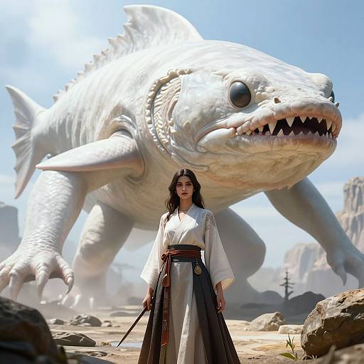 Digital artwork of a Korean-style woman in white and black hanbok, standing in front of a massive, white, fish-like creature with sharp teeth