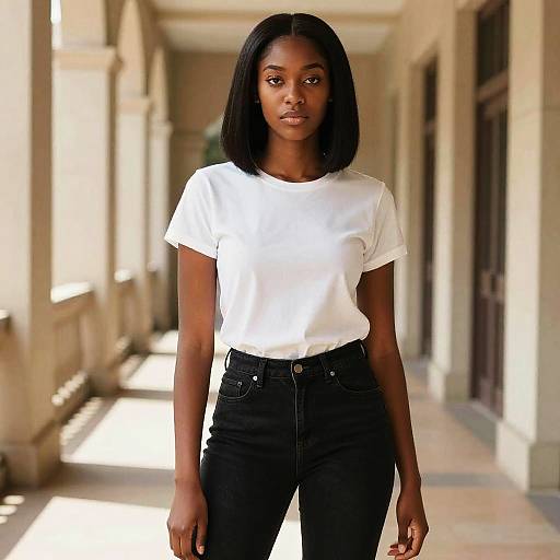 Photograph of a young Black woman with straight black hair, wearing a white t-shirt and black high-waisted jeans, standing in a sunlit