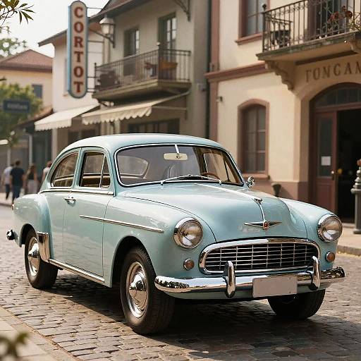 Photograph of a vintage light blue classic car with chrome accents parked on a cobblestone street in front of a rustic European-style building with a 