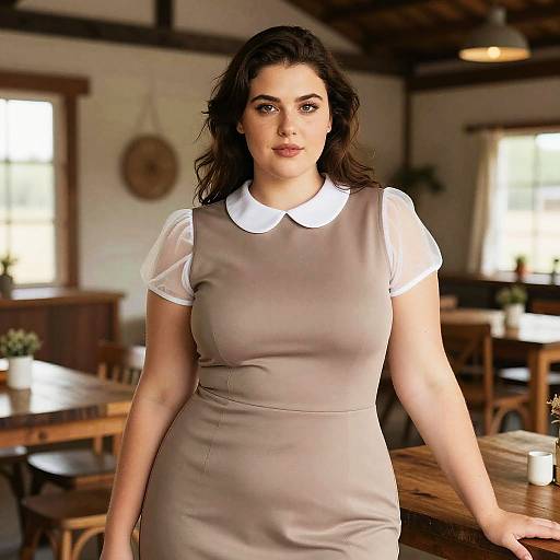 Photograph of a curvy, dark-haired woman with fair skin, wearing a taupe dress with white collar and short sleeves, standing in a rustic