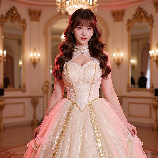 Photograph of a fair-skinned woman with long, wavy brown hair in an elaborate, gold-embellished white ball gown, standing in