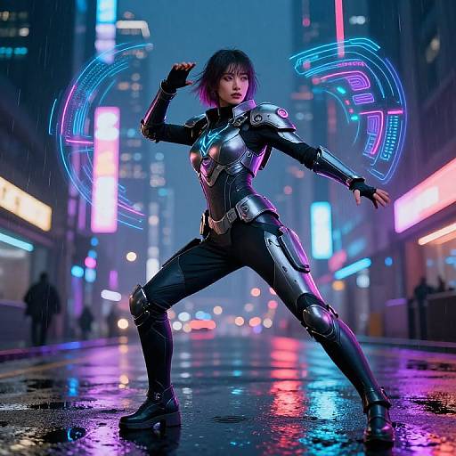 Cyberpunk woman in metallic black suit, neon glowing aura, rain-soaked street, vibrant neon lights, dynamic pose, futuristic cityscape, CGI