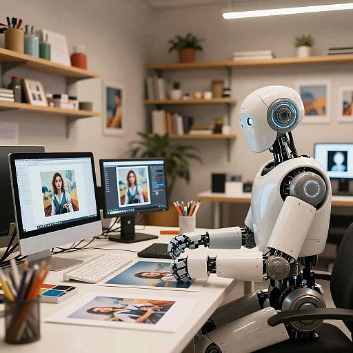 Photograph of a white, humanoid robot sitting at a modern office desk, working on dual computer monitors displaying a smiling woman's face. Shelves,