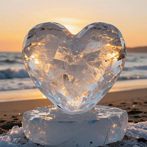 Photograph of a clear, heart-shaped ice sculpture with internal ice crystals, standing on a sandy beach at sunset. Ocean waves and golden sky in the