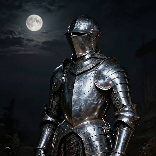 Photograph of a shiny, silver medieval knight in full armor standing under a moonlit night sky, with clouds and trees in the background.