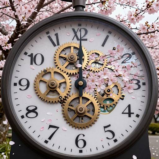 Photograph of a clock with exposed brass gears, black numbers, and cherry blossom petals against a backdrop of pink cherry blossoms.