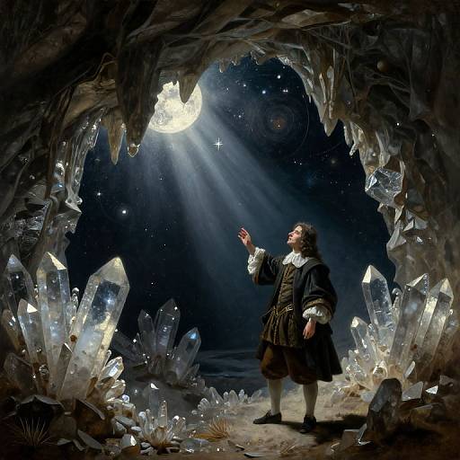 Photograph-style digital art of a 17th-century man in dark clothes, standing in a crystal-filled cave, gazing at a glowing moon outside