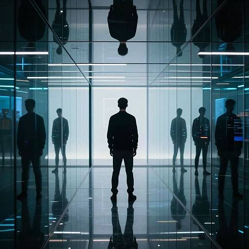 Silhouetted man stands center in futuristic, glass-walled corridor, reflected lights, six blurred figures in background, dramatic blue and white lighting.