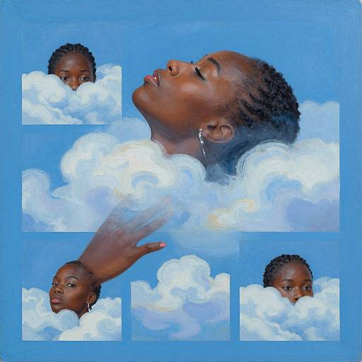 Digital artwork of a dark-skinned woman with braided hair, eyes closed, surrounded by fluffy white clouds against a blue background. Smaller inset images