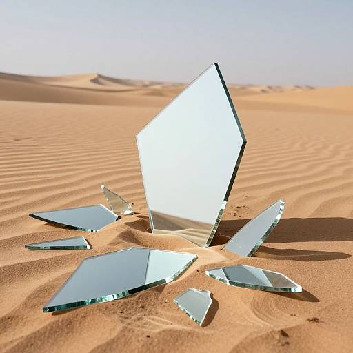 Photograph of shattered, reflective glass pieces scattered on golden sand dunes under a clear blue sky, with sunlight casting shadows.