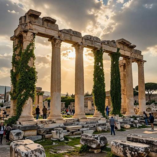 Photograph of ancient Greek ruins with towering, ivy-covered columns at sunset, people walking and exploring the historic stone structures.