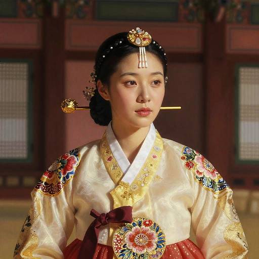 Photograph of an Asian woman in traditional Korean hanbok with floral embroidery, gold headpiece, and wooden hairpins, standing in a traditional wooden