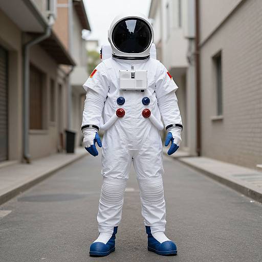 Photograph of a person in a white astronaut suit with blue gloves and boots, standing in a narrow urban alleyway.