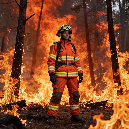 Photograph of a black firefighter in orange gear and helmet standing confidently in front of intense forest fire, flames illuminating background.